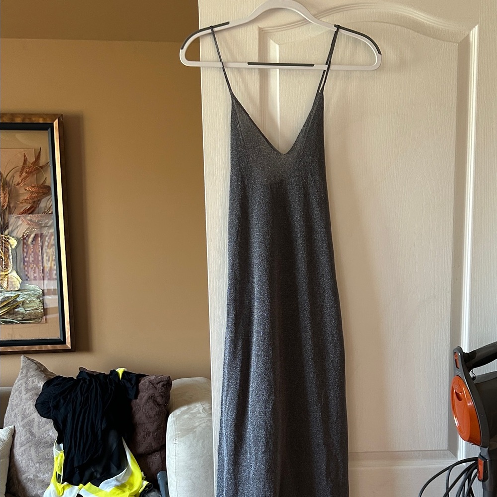 Zara Sleek shimmery Silver Gray Slip Dress with Spaghetti Straps